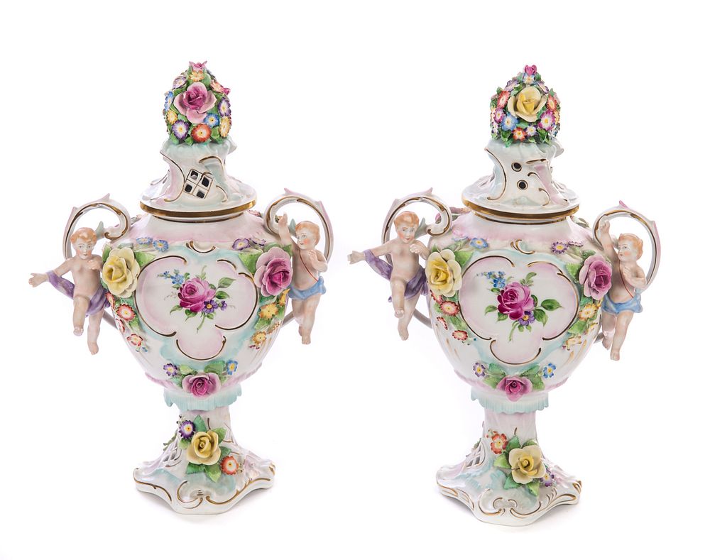 Appraisal: PAIR OF VON SCHIERHOLZ COVERED URNS PAIR OF VON SCHIERHOLZ