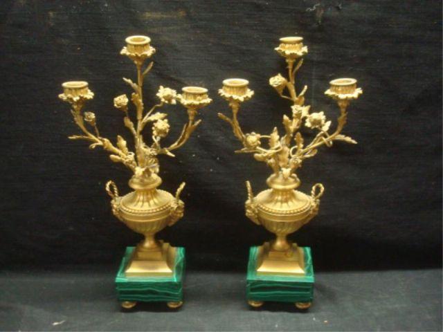 Appraisal: Pair of Bronze and Malachite Urn Form Candlebra With floral