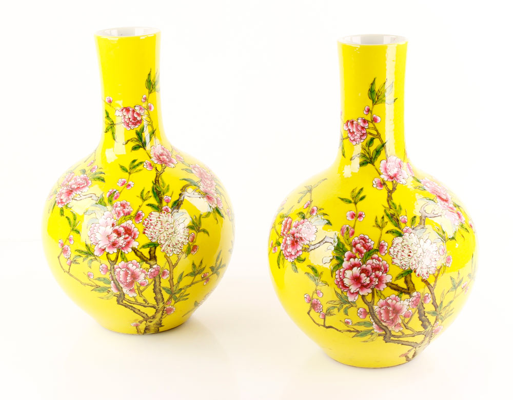 Appraisal: - Pr Chinese Floral Vases Pair of Chinese yellow glazed