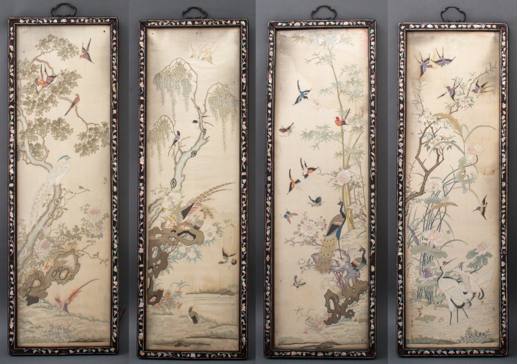 Appraisal: CHINESE EMBROIDERED SILK PANELS Four Chinese silk embroidery panels depicting