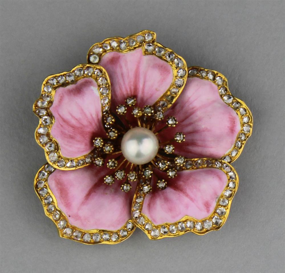 Appraisal: ART NOUVEAU K YELLOW GOLD PANSY BROOCH WITH PEARL AND