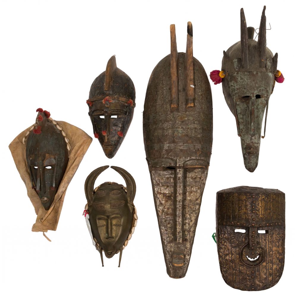 Appraisal: MULTI-CULTURAL TRIBAL MASK ASSORTMENT items including Marka Tribe metal clad