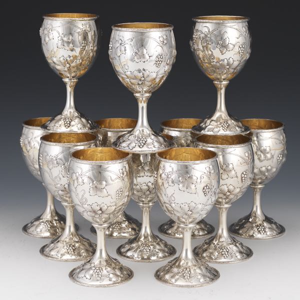 Appraisal: TWELVE STERLING SILVER GOLD WASH GOBLETS CA TH CENTURY HISTORICAL