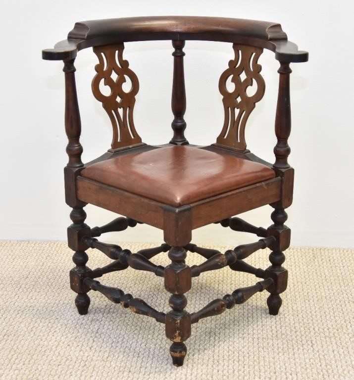 Appraisal: New England mahogany corner chair with leather slip seat early