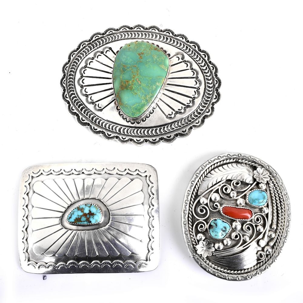 Appraisal: Three Silver and Turquoise Belt Buckles Three Vintage American Southwest