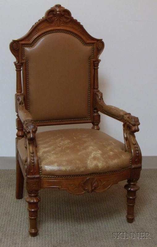 Appraisal: Victorian Renaissance Revival Leather Upholstered Carved Walnut Armchair