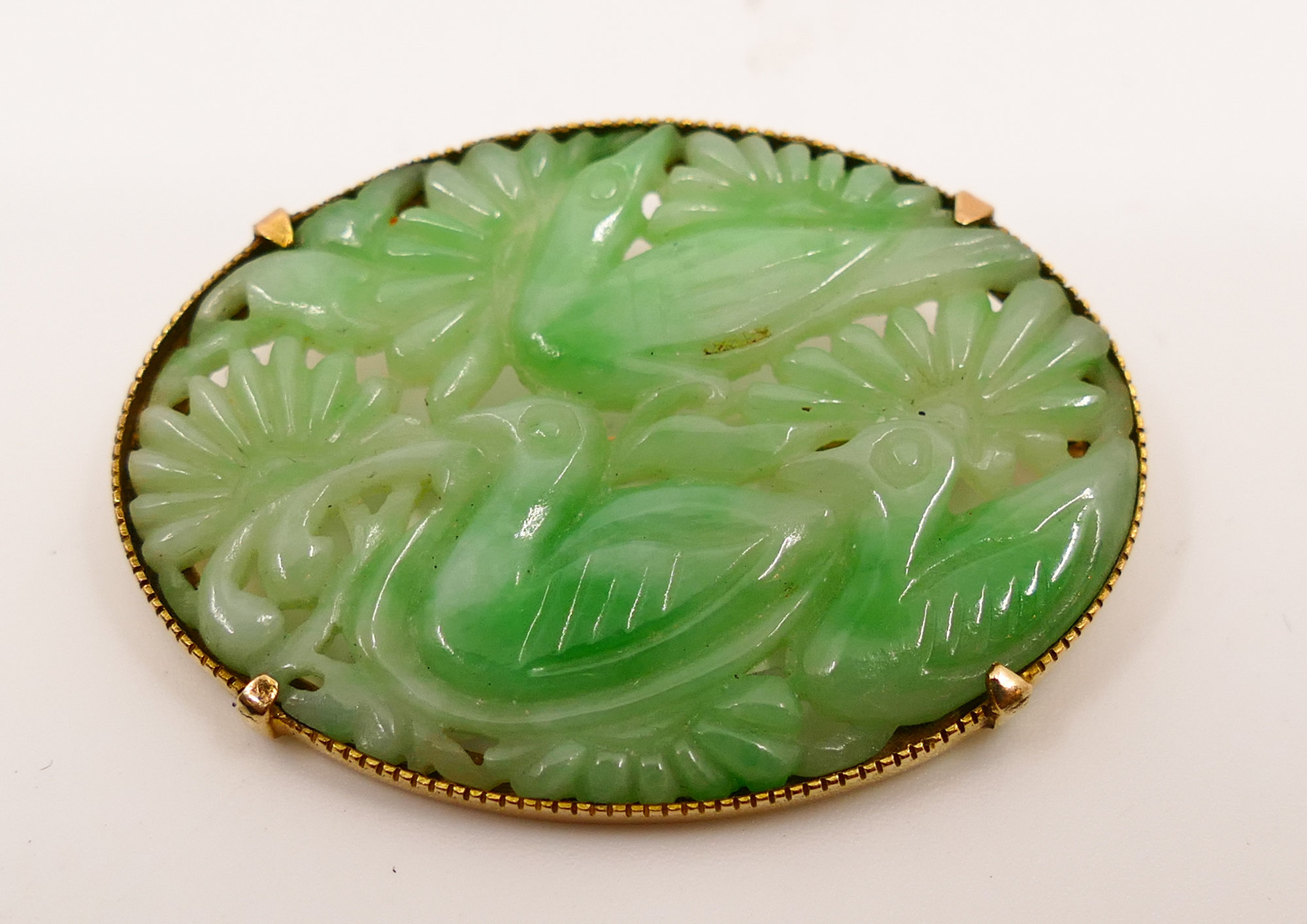 Appraisal: K Pierced Jade Bird Brooch- ''- g