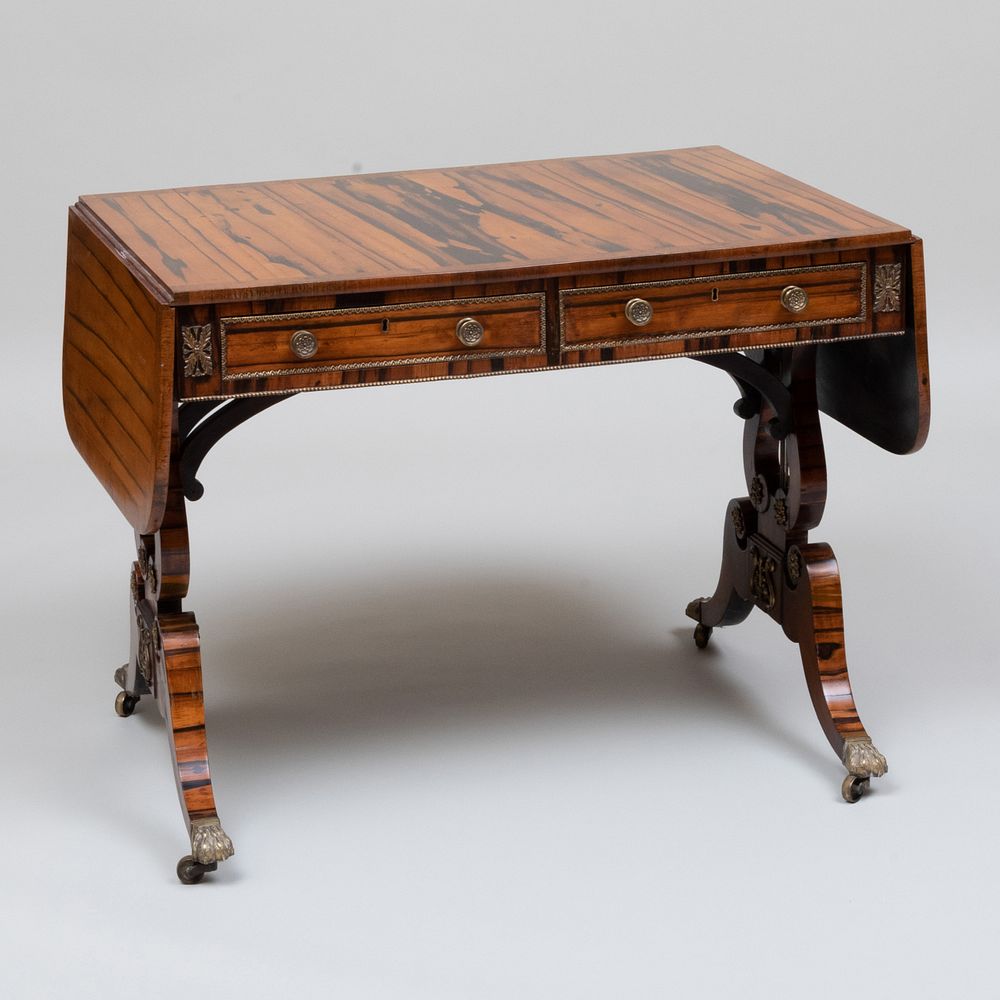 Appraisal: Regency Brass-Mounted Inlaid Calamander Sofa Table Fitted with two short