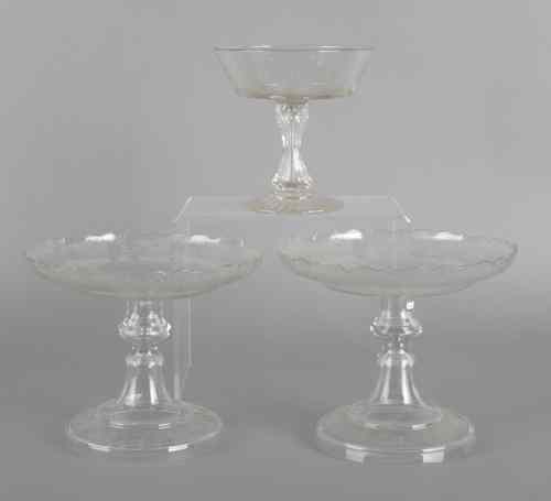 Appraisal: Pair of etched glass compotes h dia together with a