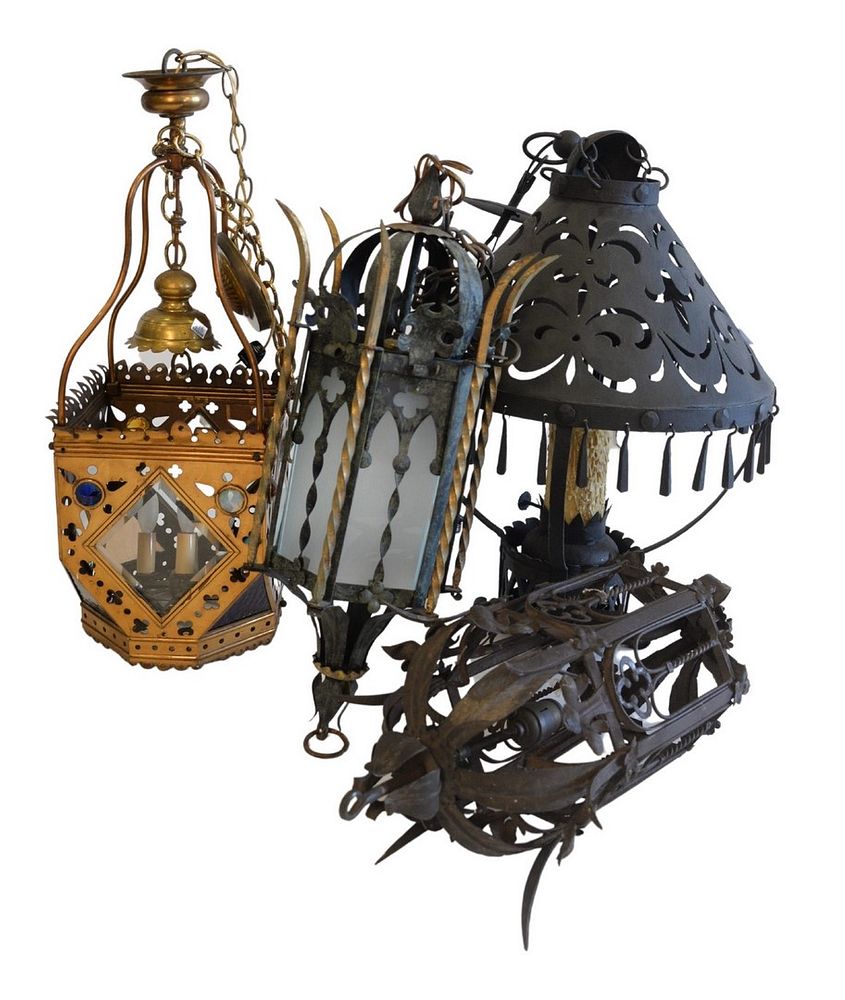 Appraisal: Four Gothic Revival Hanging Lanterns to include one wrought iron