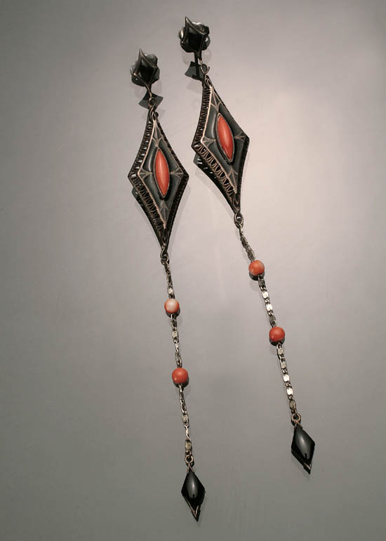 Appraisal: Pair of Sterling Black Enamel and Red Coral Pendant Pierced