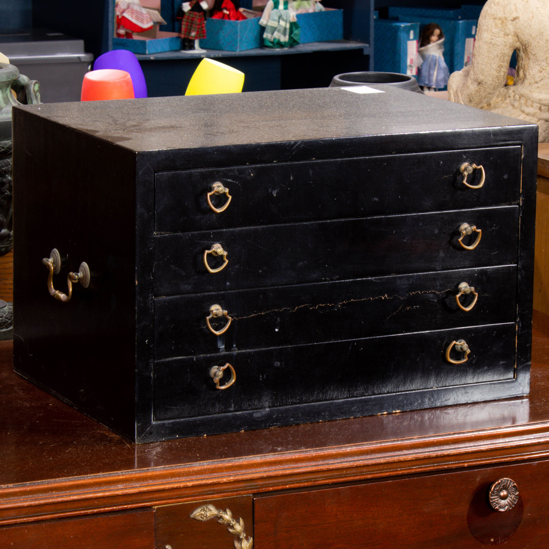 Appraisal: EBONIZED JEWELRY CHEST Ebonized jewelry chest having four drawers h