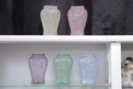 Appraisal: FIVE HUMMINGBIRD ART GLASS VASES Phoenix or Consolidated Glass Company