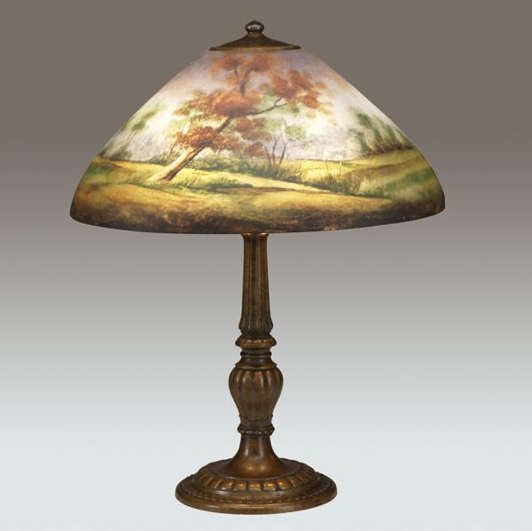 Appraisal: JEFFERSON Table lamp with a chipped glass shade reverse-painted with