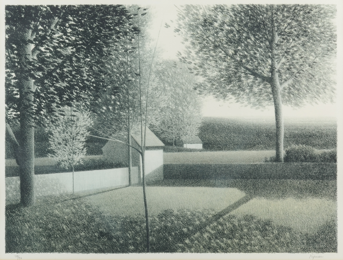 Appraisal: KIPNISS Robert American - Backyard Scene with Sheds Lithograph sight