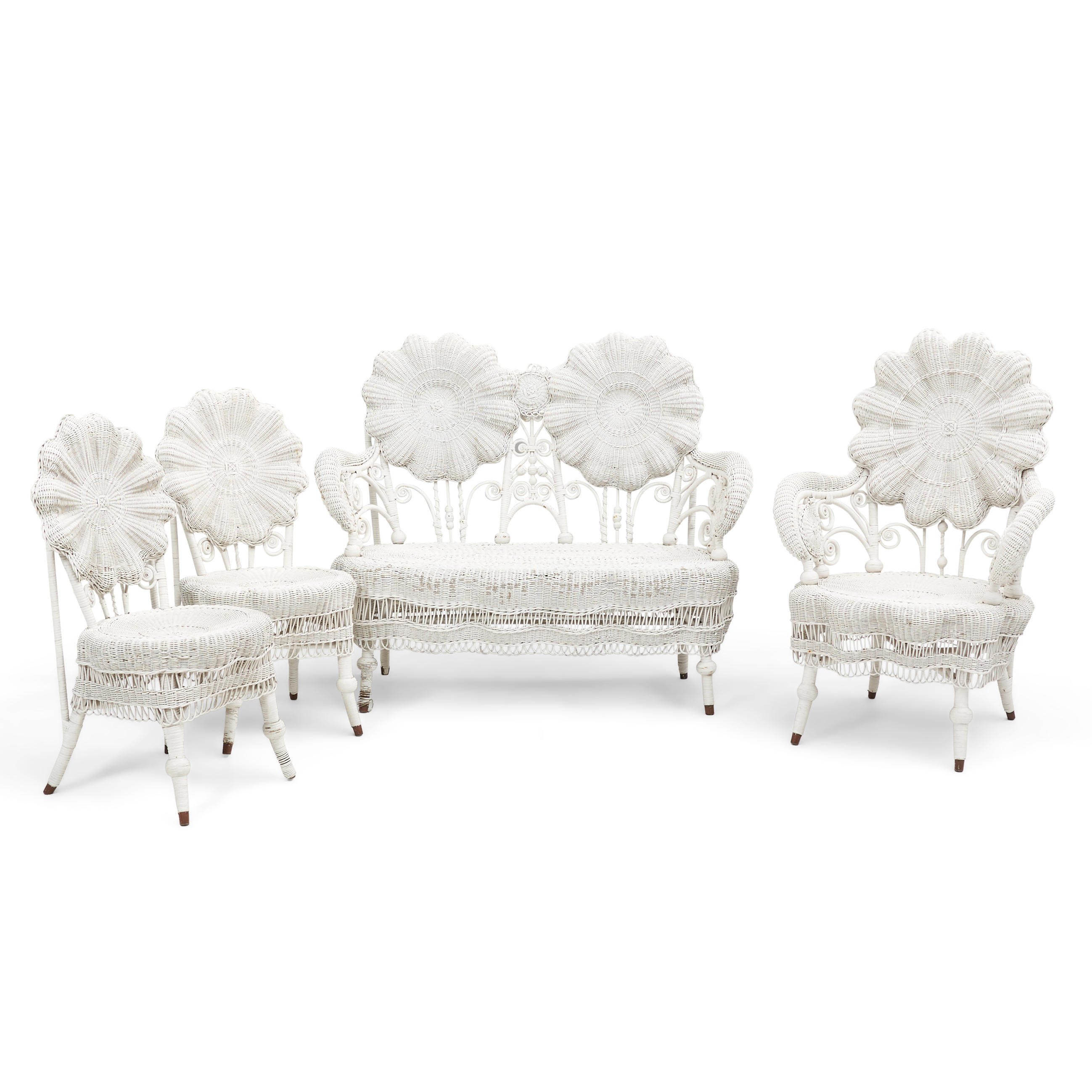 Appraisal: FOUR-PIECE WHITE-PAINTED WICKER SET a settee an armchair and two