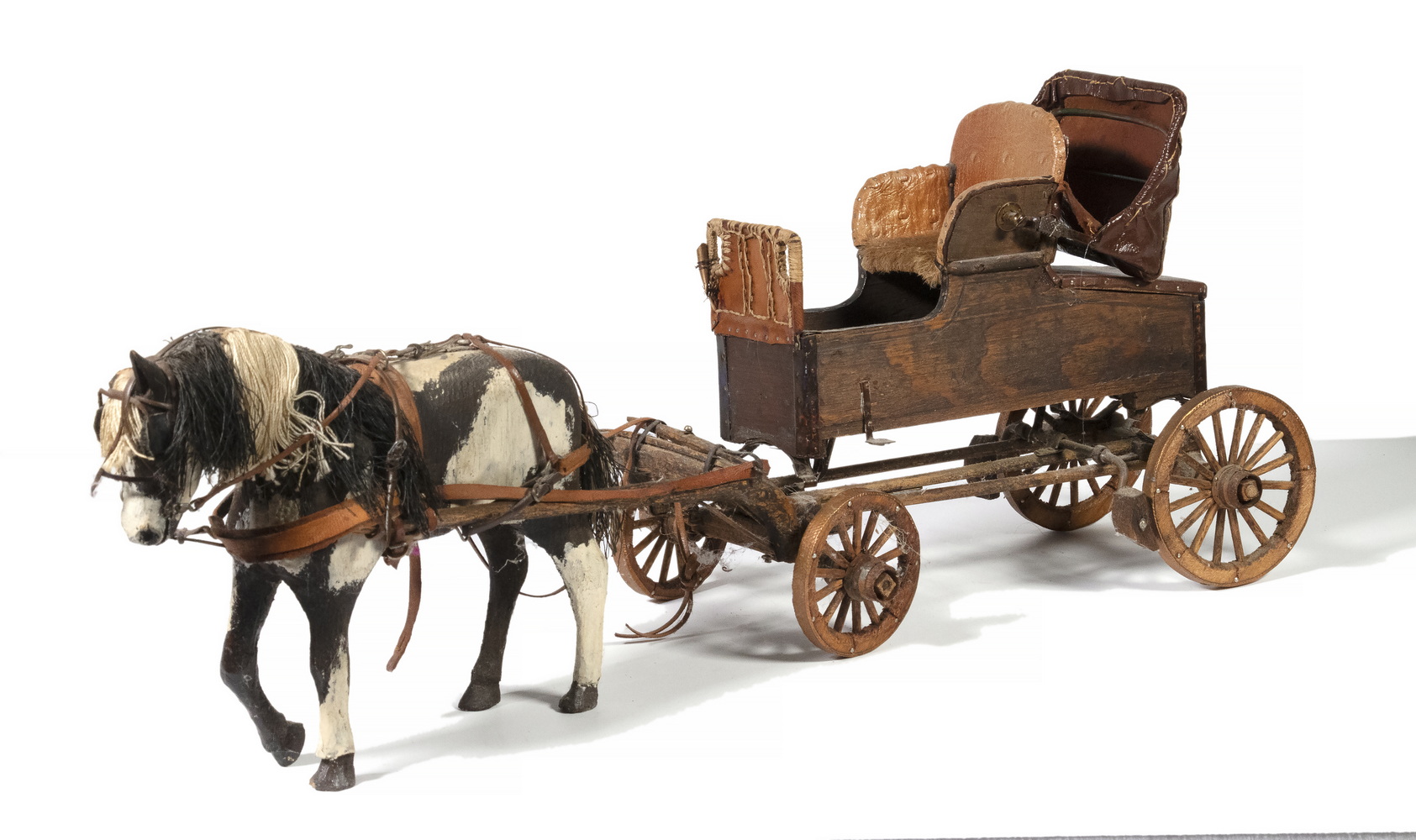 Appraisal: WOODEN HORSE DRAWN CARRIAGE Vintage Handcrafted Horse and Buggy with