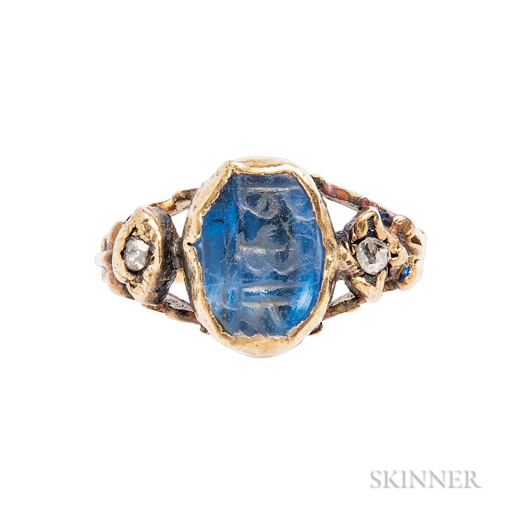 Appraisal: Gold Engraved Sapphire and Enamel Ring Gold Engraved Sapphire and