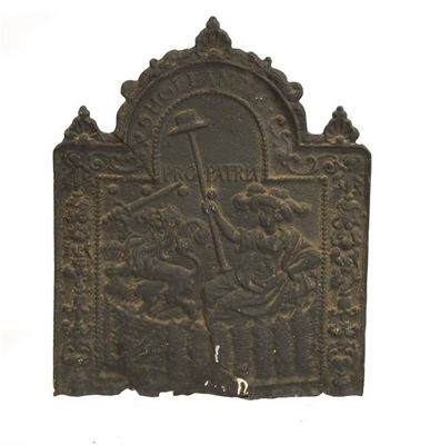 Appraisal: A cast iron fireback inscribed 'HOLLANDIA PRO PATRIA' with a