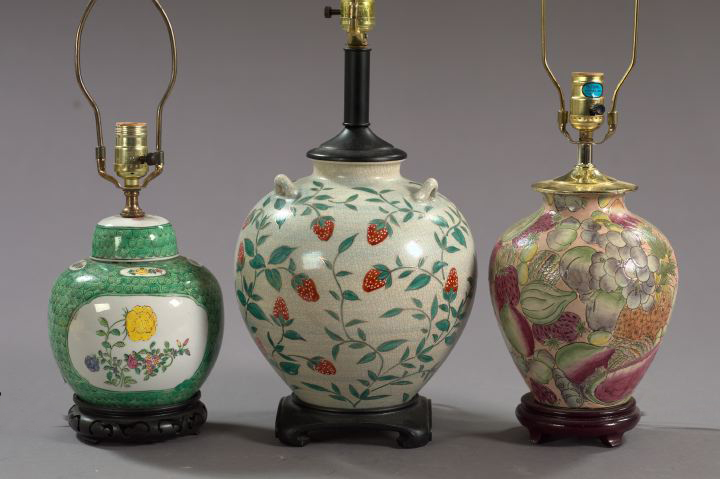 Appraisal: Group of Three Chinese Porcelain Table Lamps including a famille