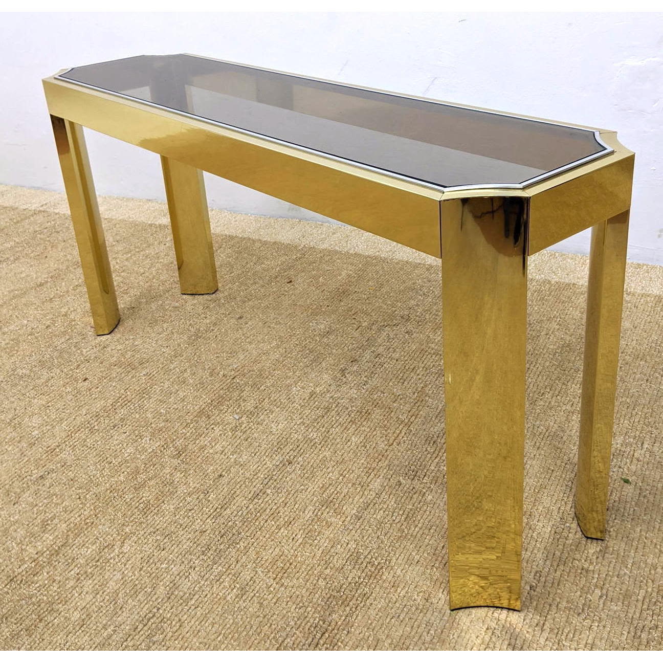 Appraisal: Modernist Gold Tone and Gray Glass Console Hall Table Chrome