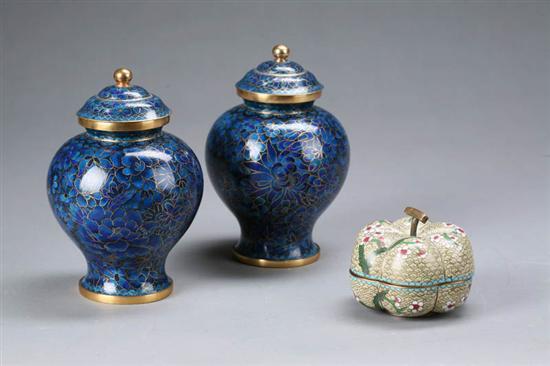 Appraisal: THREE PIECES OF CLOISONNE Pair of covered jars in dark