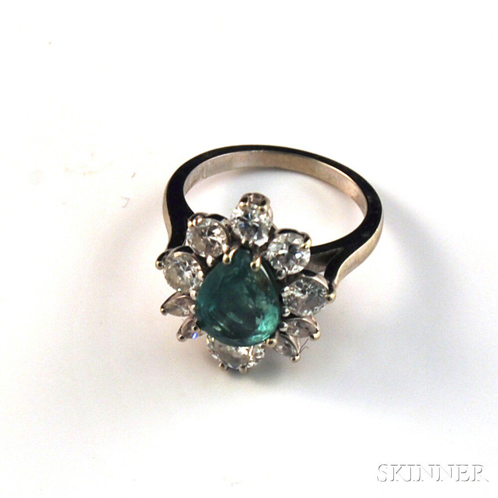 Appraisal: kt White Gold Emerald and Diamond Ring the pear-shaped emerald