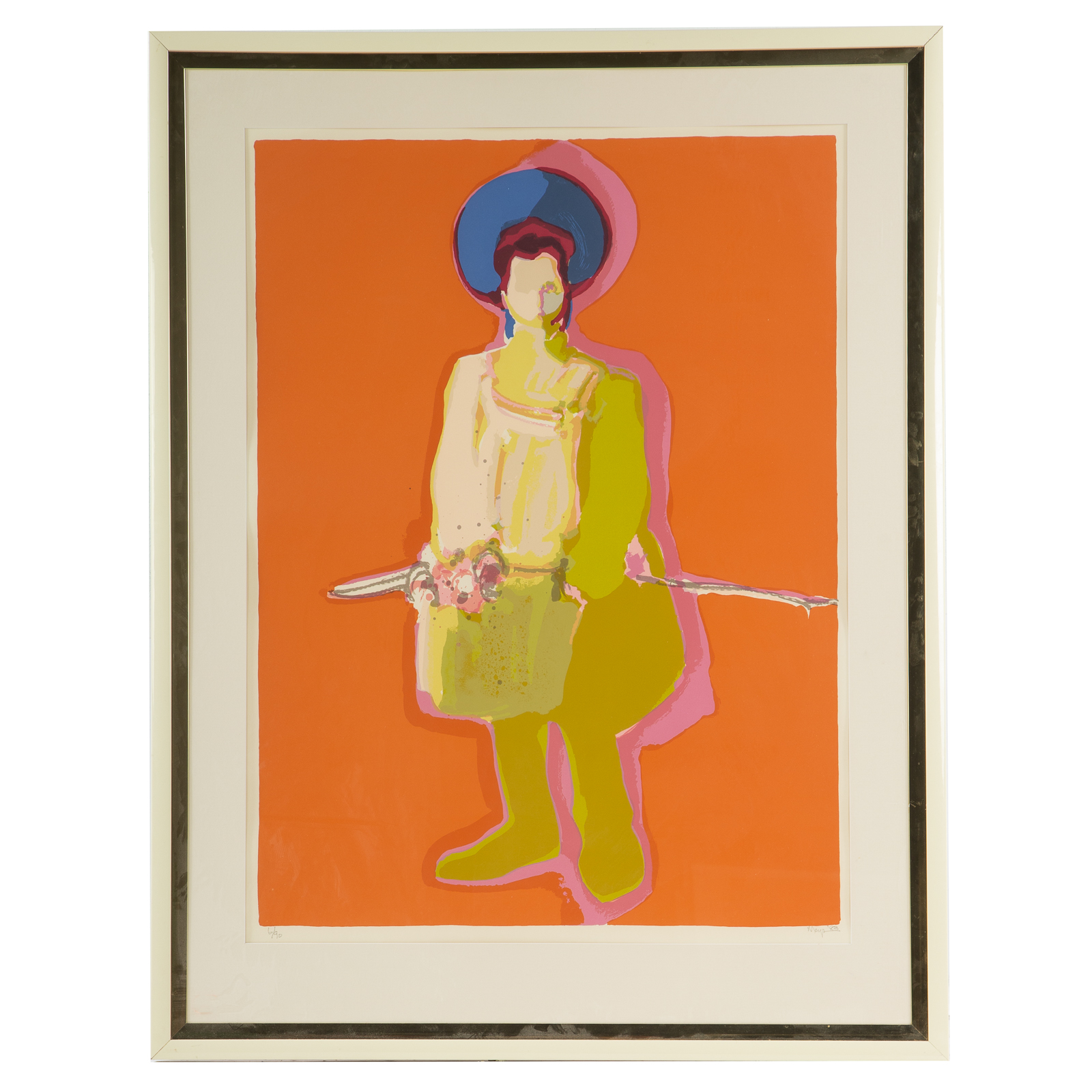 Appraisal: ROBERTO MOYA FIGURE IN GREEN ON ORANGE SERIGRAPH American -