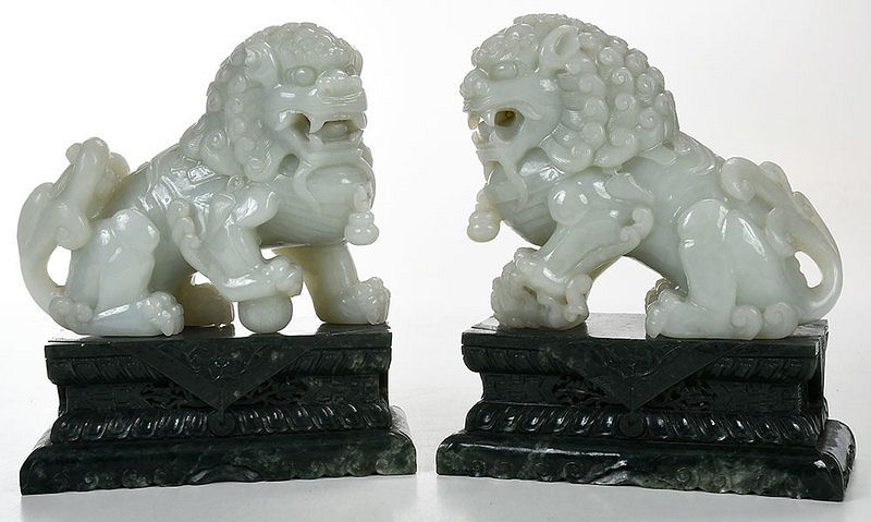 Appraisal: Pair Chinese Jade Foo Dogs Spinach Jade Plinths with incised