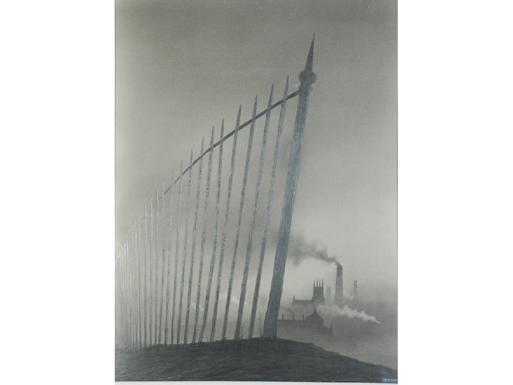 Appraisal: TREVOR GRIMSHAW - PENCIL DRAWING Industrial landscape Fence signed and