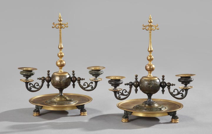 Appraisal: Pair of French Bronze Two-Light Tripodal Candelabra fourth quarter th