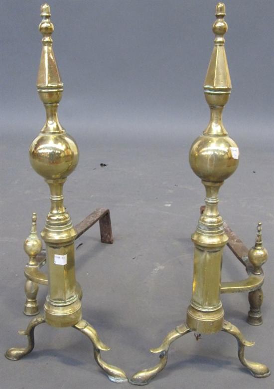 Appraisal: PAIR OF LATE TH C BRASS ANDIRONS Late th C