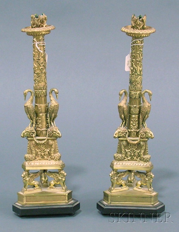 Appraisal: Pair of Continental Bronze Candlesticks early th century with flame-form