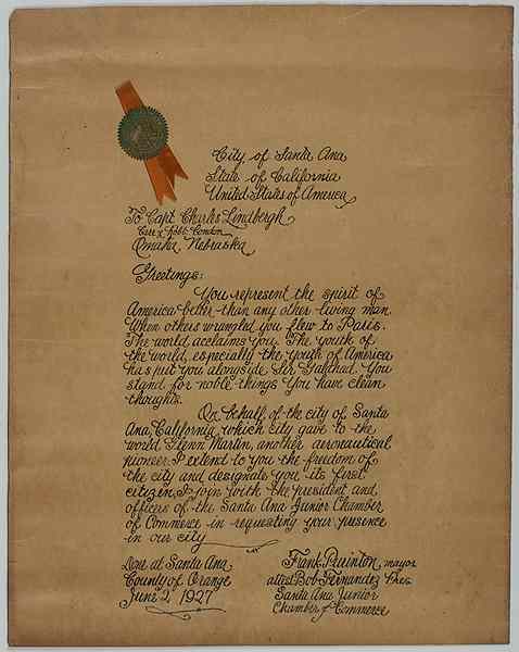 Appraisal: Santa Ana California Document Presented to Charles Lindbergh x in