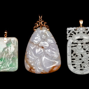 Appraisal: Three Chinese Jade and Jadeite Pendants comprising on rectangular apple