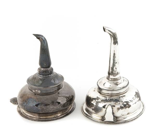 Appraisal: A group of two English silver wine funnels One by