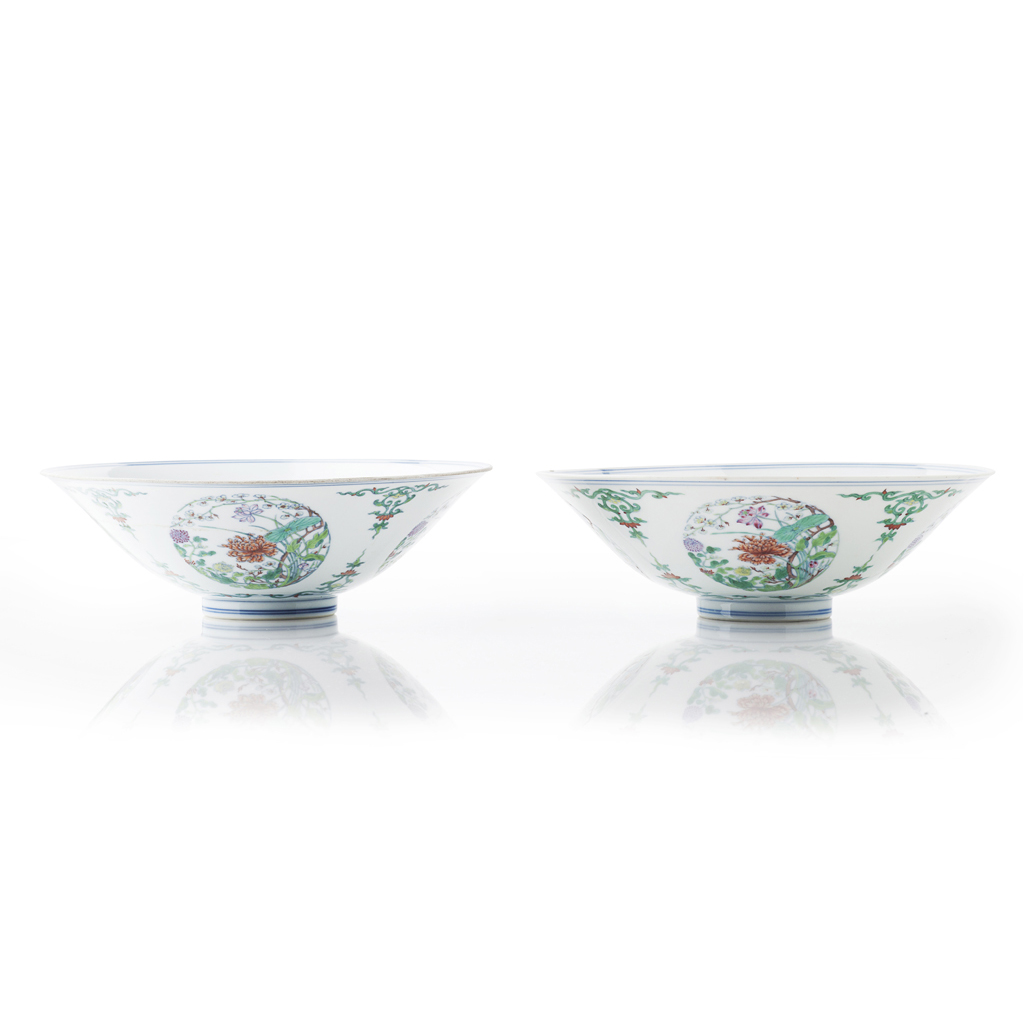 Appraisal: PAIR OF DOUCAI 'BUTTERFLIES AND FLOWERS' MEDALLION BOWLS YONGZHENG MARK