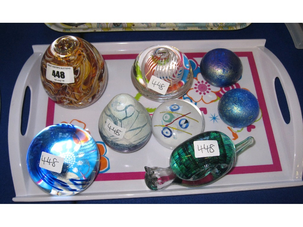 Appraisal: Lot comprising eight assorted glass paperweights including two iridescent examples