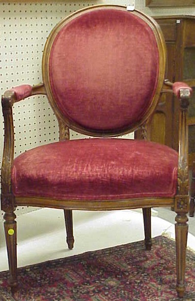 Appraisal: French style open arm chair red velvet uphostery carved fruitwood