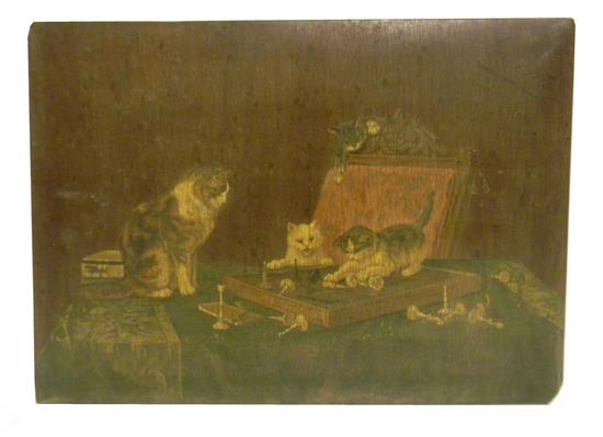 Appraisal: Oil on wooden panel of cat and kitten playing with