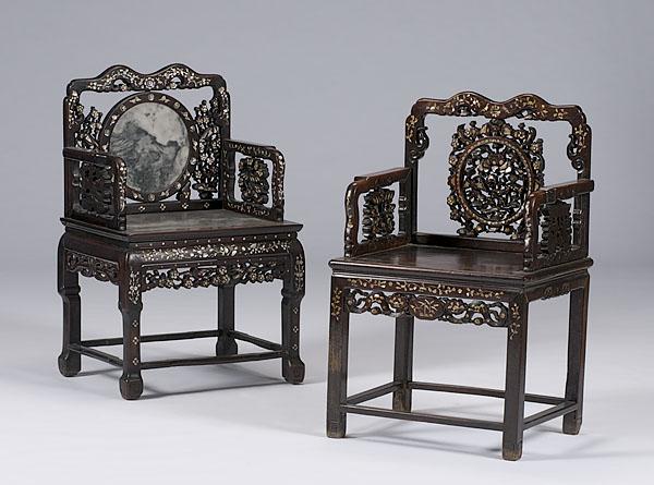 Appraisal: CHINESE CARVED AND INLAID CHAIRS th century two Chinese pierced