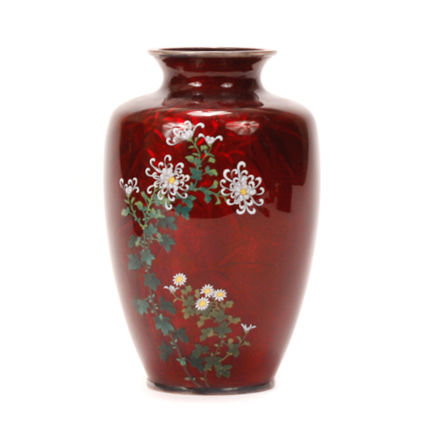 Appraisal: Japanese red foil cloisonne vase with sterling silver rim Marked