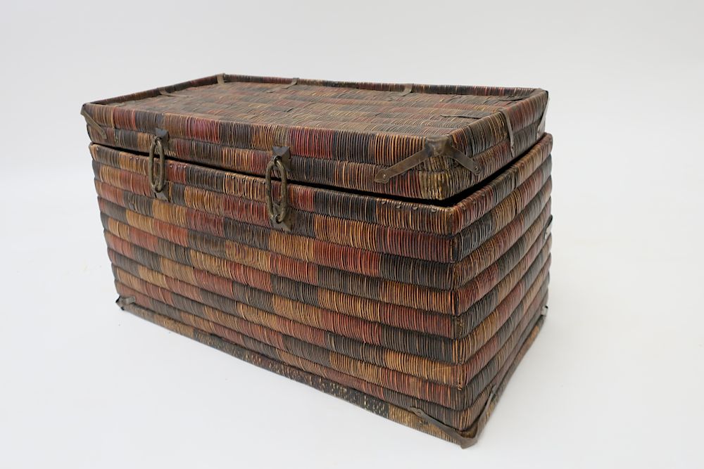 Appraisal: Asian Woven Rectangular Box Multicolors with brass mounts H x