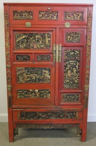 Appraisal: Red Lacquered and Gilt Multi Drawer Cabinetwith Carved Panels From