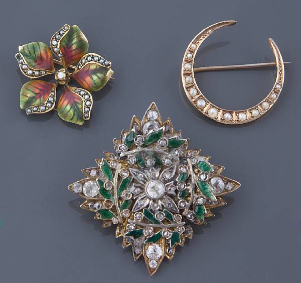 Appraisal: A collection of three enamel seed pearl diamond and gold