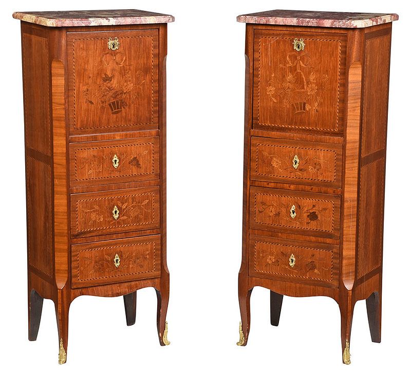 Appraisal: Pair Louis XV Style Marquetry Inlaid Bedside Commodes French early