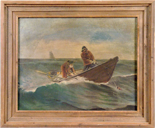 Appraisal: Oil on canvas seascape with two men sturgeon fishing signed