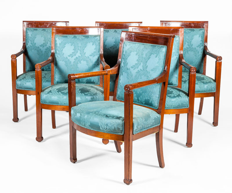 Appraisal: SET OF SIX LATE EMPIRE CARVED MAHOGANY FAUTEUILS LA REINE