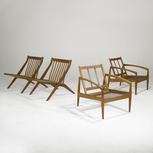 Appraisal: DUX Four solid teak lounge chairs two with arms upholstery