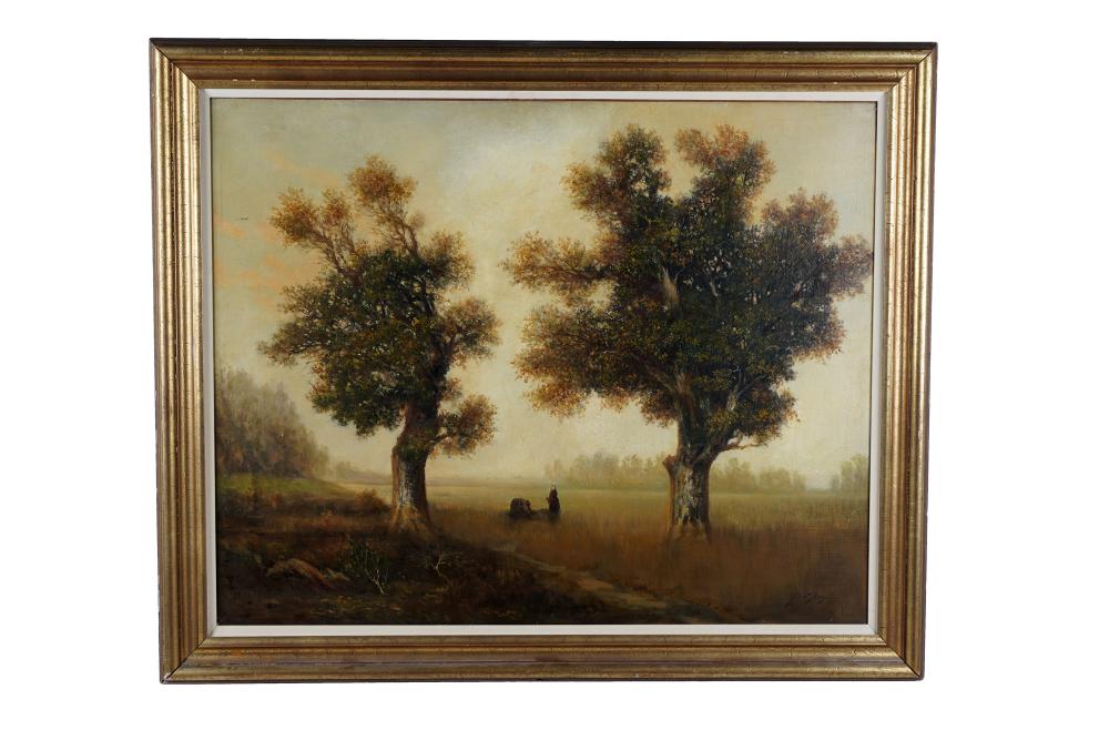 Appraisal: GILBERT DAVIS MUNGER LANDSCAPE WITH FIGURES oil on canvas signed